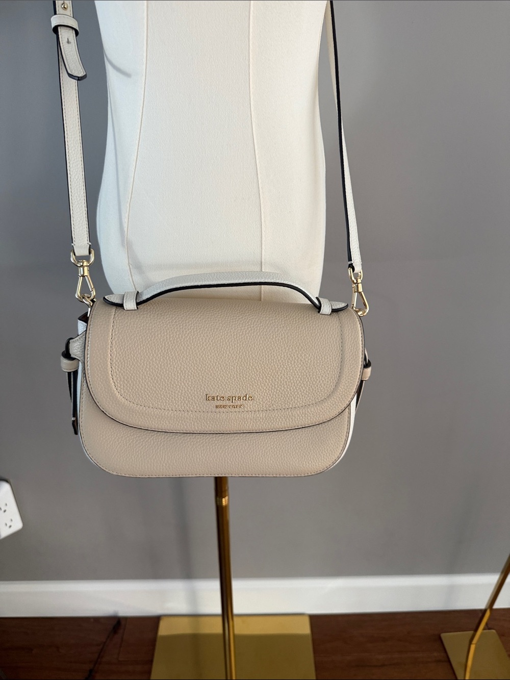 Authentic kate spade Pebbled Leather Crossbody in Light Taupe and White Strap